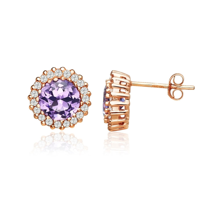 Rose Gold Flashed Sterling Silver Created Amethyst and Cubic Zirconia Round Halo Stud Earrings
