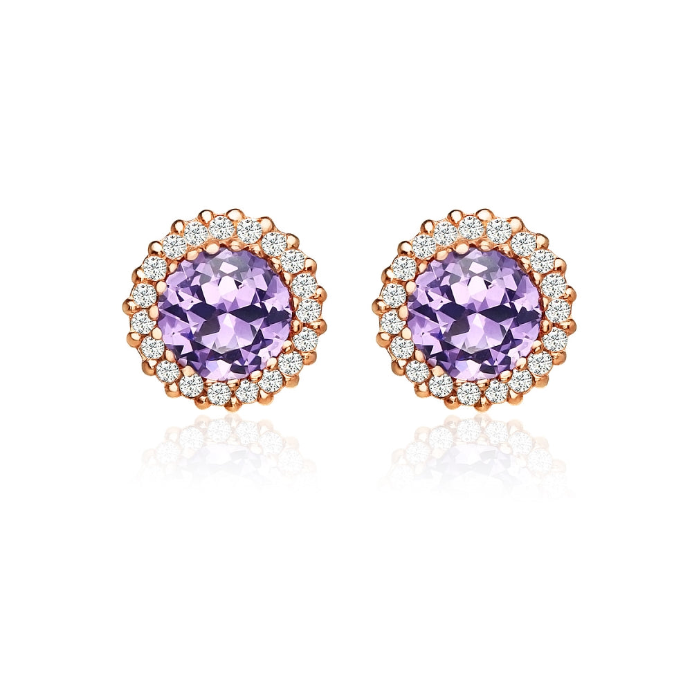 Rose Gold Flashed Sterling Silver Created Amethyst and Cubic Zirconia Round Halo Stud Earrings-2