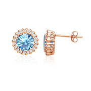 Rose Gold Flashed Silver Created Blue Topaz and Cubic Zirconia Round Halo Stud Earrings