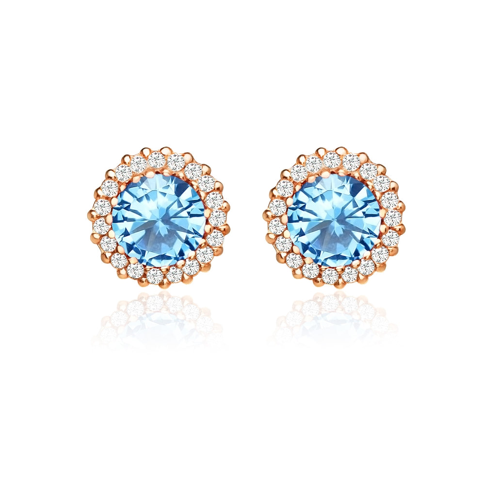 Rose Gold Flashed Silver Created Blue Topaz and Cubic Zirconia Round Halo Stud Earrings-2