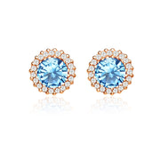 Rose Gold Flashed Silver Created Blue Topaz and Cubic Zirconia Round Halo Stud Earrings