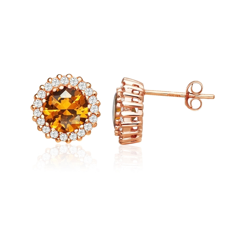 Rose Gold Flashed Sterling Silver Created Citrine and Cubic Zirconia Round Halo Stud Earrings