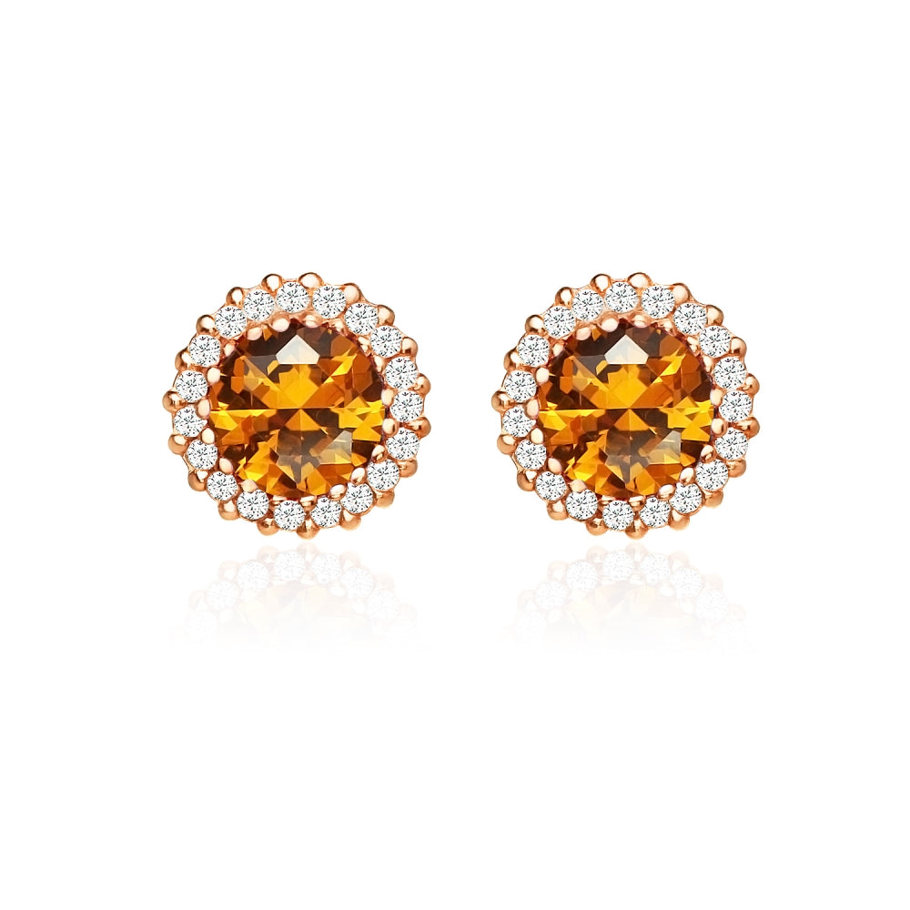 Rose Gold Flashed Sterling Silver Created Citrine and Cubic Zirconia Round Halo Stud Earrings-2