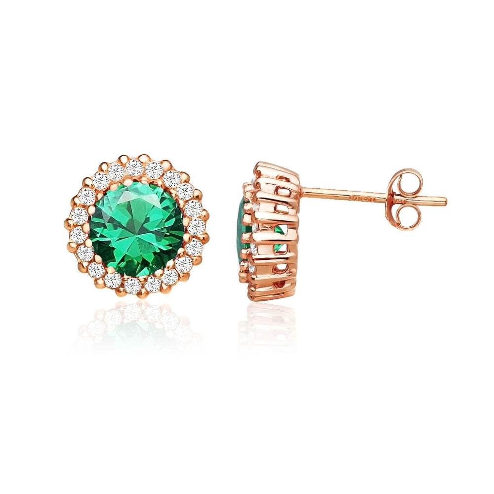 Rose Gold Flashed Sterling Silver Created Emerald and Cubic Zirconia Round Halo Stud Earrings