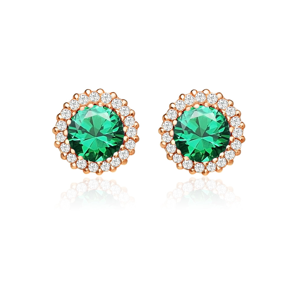 Rose Gold Flashed Sterling Silver Created Emerald and Cubic Zirconia Round Halo Stud Earrings-2