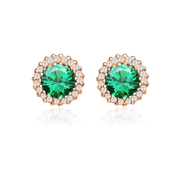 Rose Gold Flashed Sterling Silver Created Emerald and Cubic Zirconia Round Halo Stud Earrings