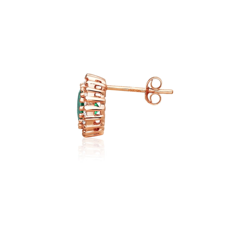 Rose Gold Flashed Sterling Silver Created Emerald and Cubic Zirconia Round Halo Stud Earrings