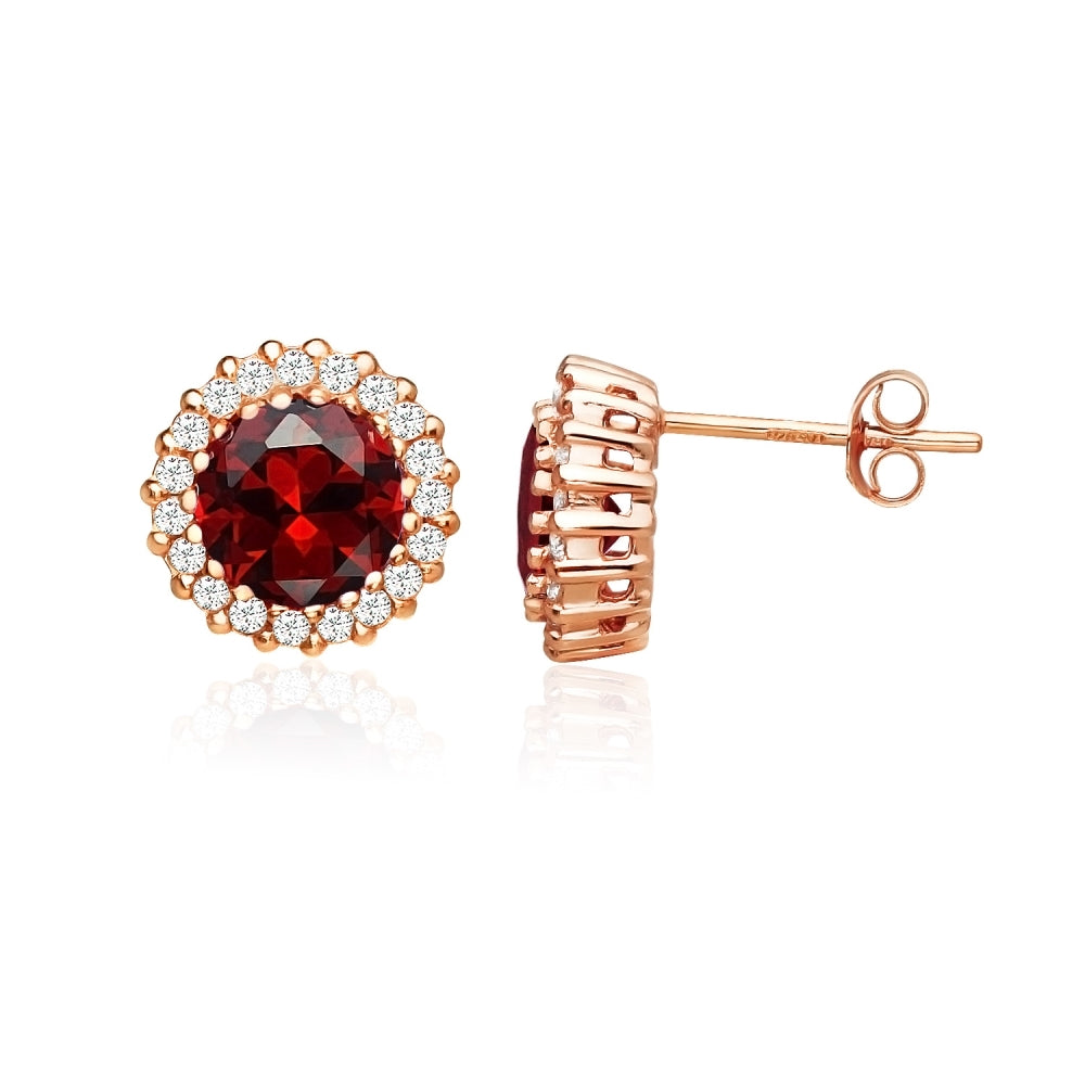 Rose Gold Flashed Sterling Silver Created Garnet and Cubic Zirconia Round Halo Stud Earrings