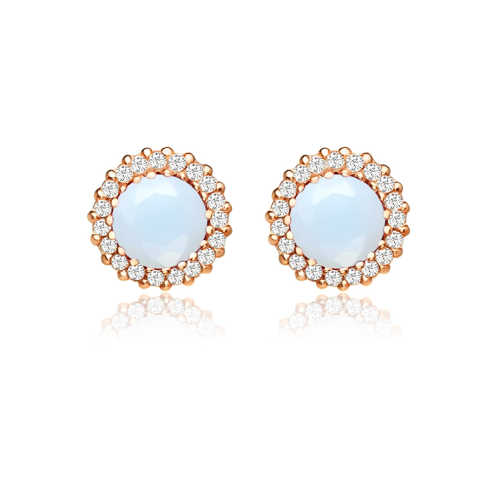 Rose Gold Flashed Sterling Silver Created White Opal and Cubic Zirconia Round Halo Stud Earrings-2
