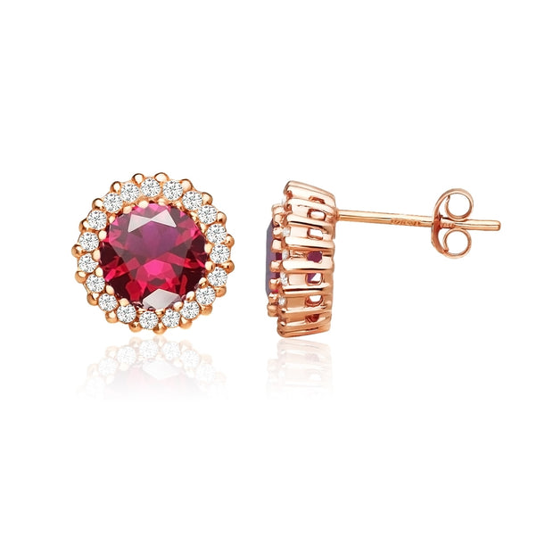 Rose Gold Flashed Sterling Silver Created Ruby and Cubic Zirconia Round Halo Stud Earrings