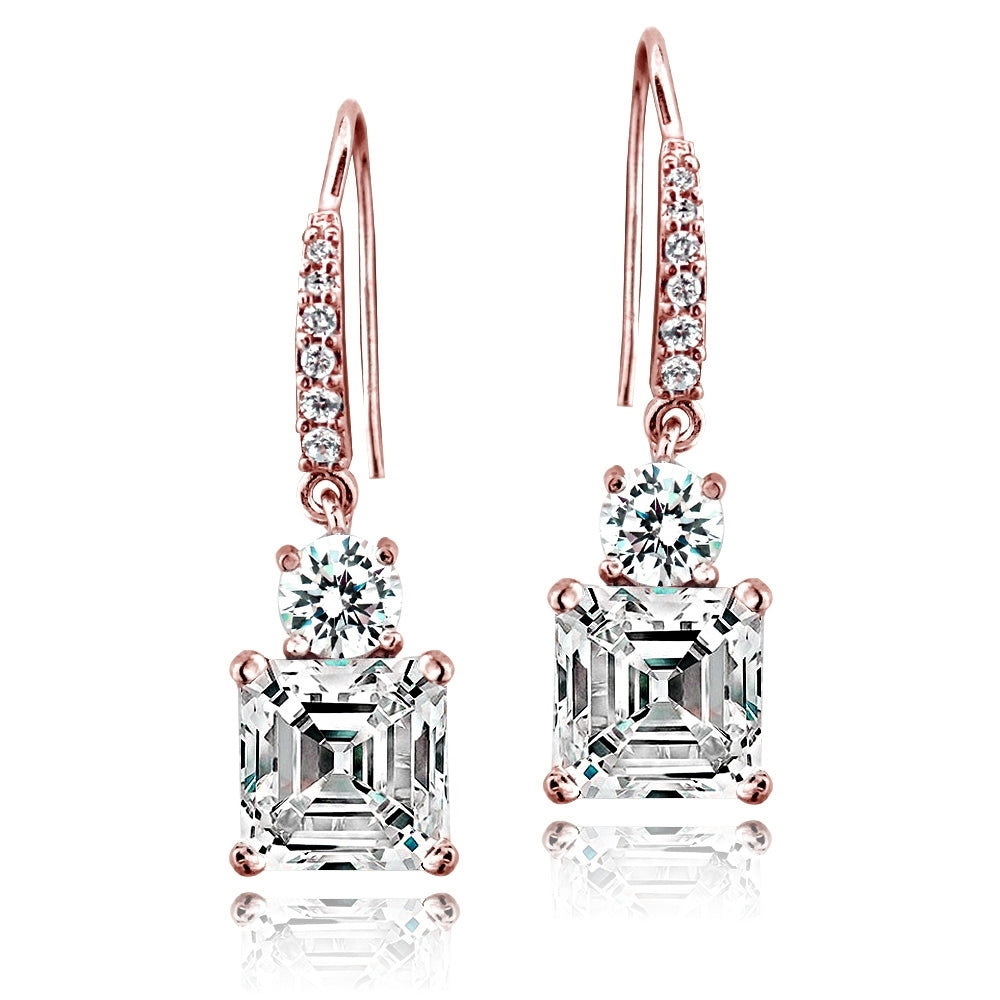 Rose Gold Flashed Sterling Silver Asscher-Cut Cubic Zirconia Dangle Earrings