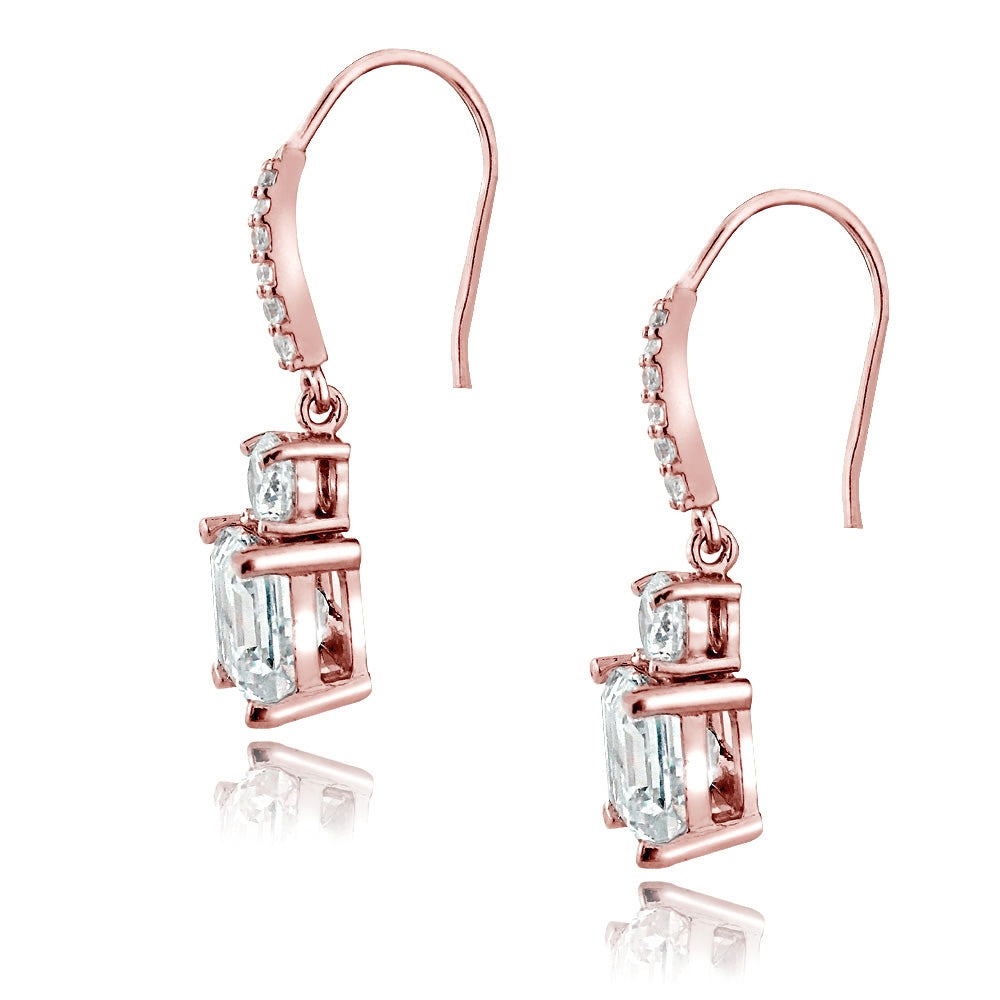 Rose Gold Flashed Sterling Silver Asscher-Cut Cubic Zirconia Dangle Earrings-2