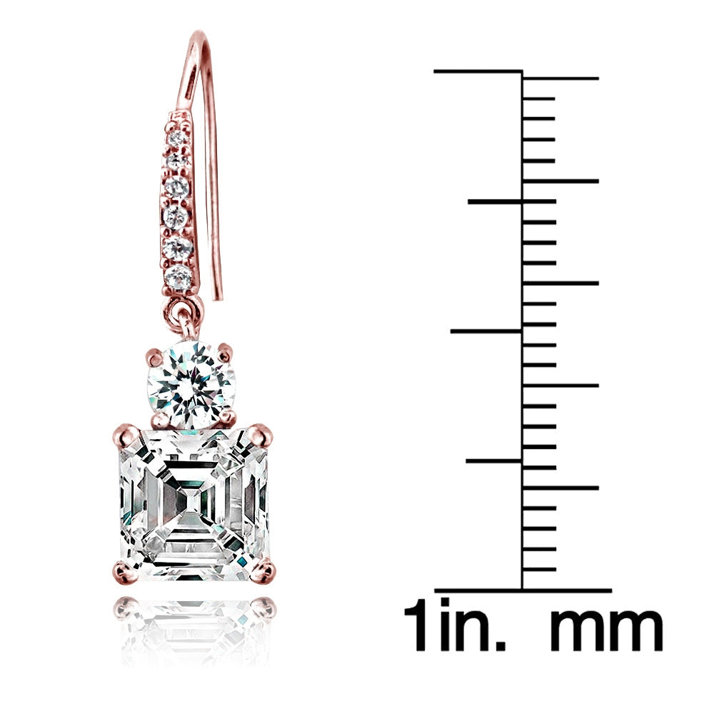 Rose Gold Flashed Sterling Silver Asscher-Cut Cubic Zirconia Dangle Earrings-3
