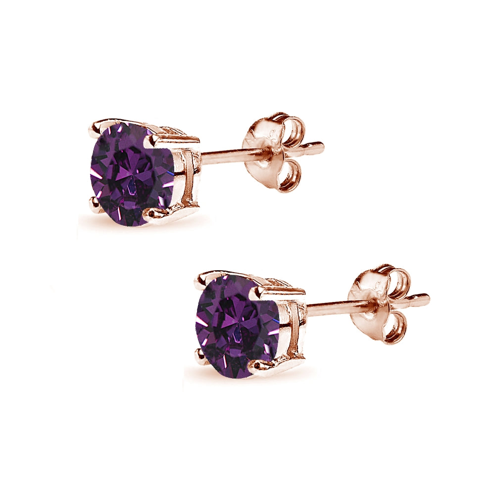 Rose Gold Flashed Sterling Silver 6mm Purple Round Solitaire Stud Earrings Made with Swarovski Crystals-2