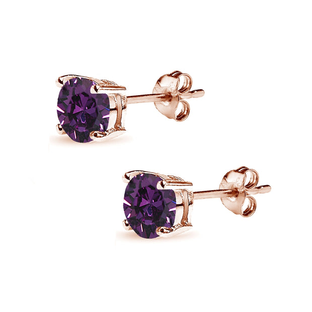 Rose Gold Flashed Sterling Silver 6mm Purple Round Solitaire Stud Earrings Made with Swarovski Crystals