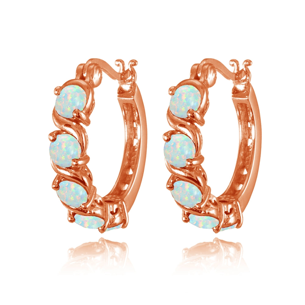 Rose Gold Tone over Sterling Silver White Opal S Design Round Hoop Earrings-2