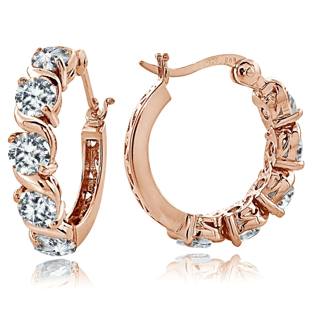 Rose Gold Tone over Sterling Silver Cubic Zirconia S Design Hoop Earrings