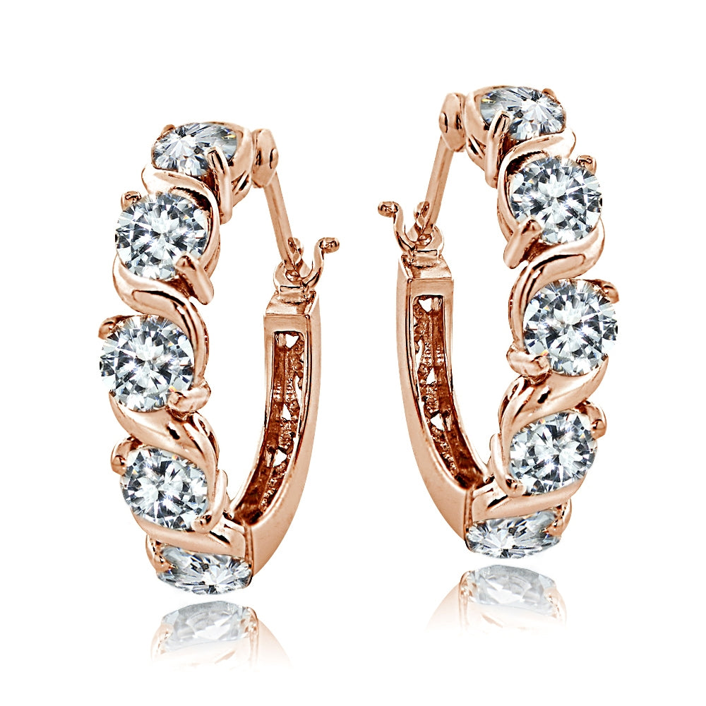 Rose Gold Tone over Sterling Silver Cubic Zirconia S Design Hoop Earrings-4