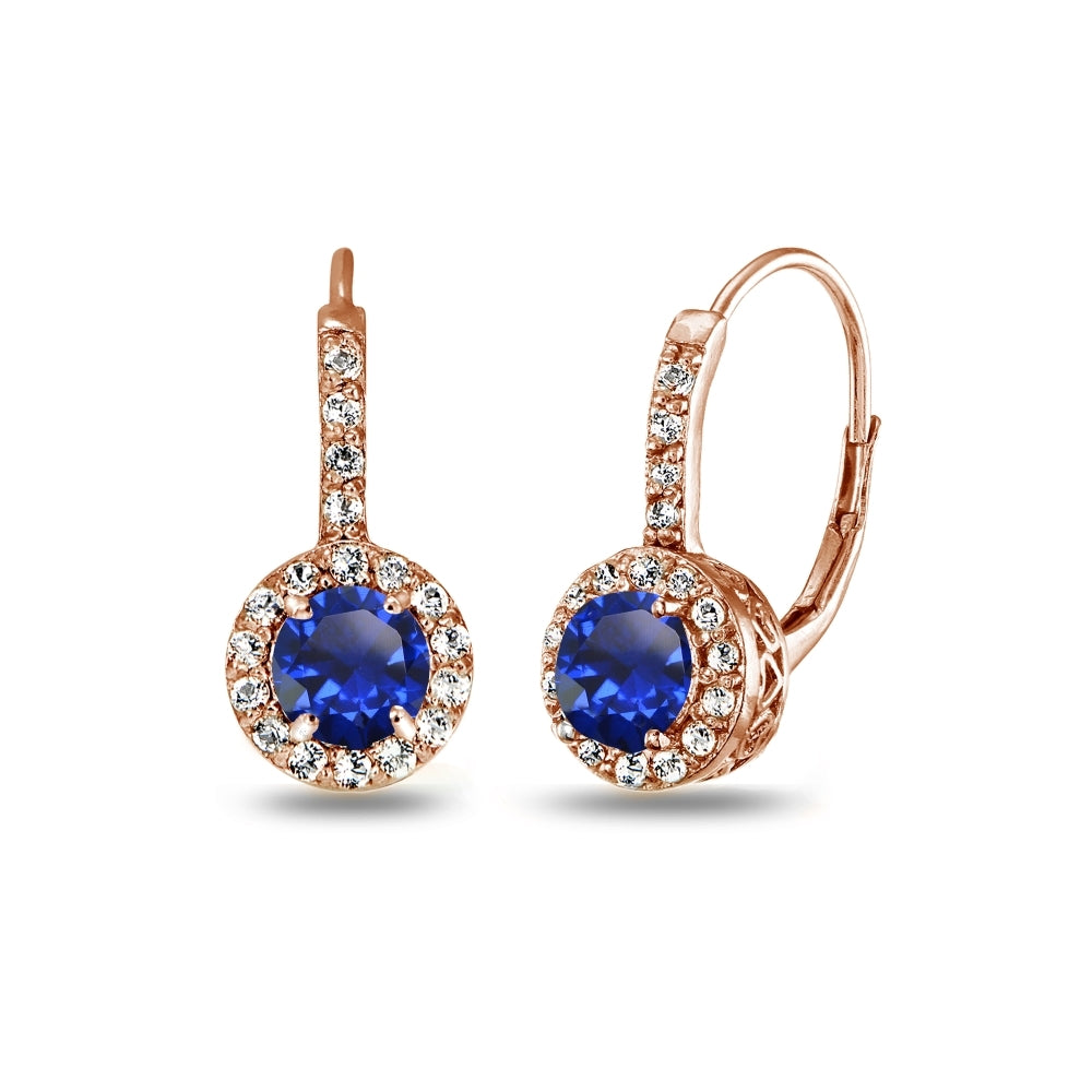 Rose Gold Flashed Sterling Silver Created Blue Sapphire & White Topaz Round Dainty Halo Leverback Earrings