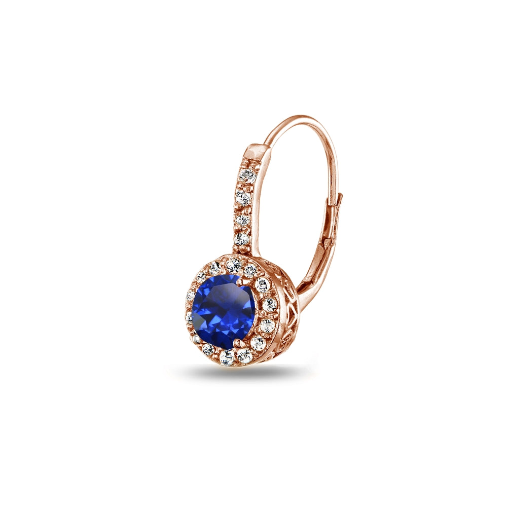 Rose Gold Flashed Sterling Silver Created Blue Sapphire & White Topaz Round Dainty Halo Leverback Earrings-3