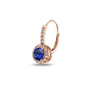 Rose Gold Flashed Sterling Silver Created Blue Sapphire & White Topaz Round Dainty Halo Leverback Earrings