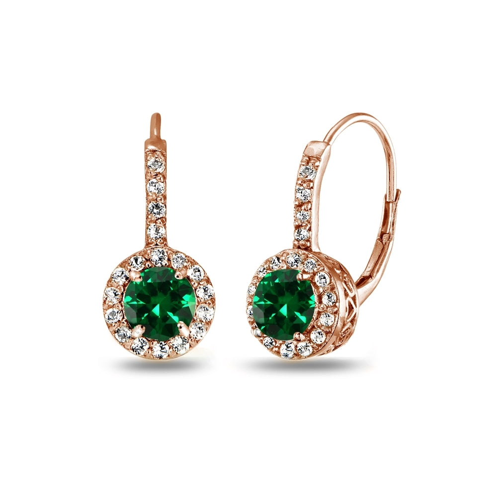 Rose Gold Flashed Sterling Silver Created Emerald & White Topaz Round Dainty Halo Leverback Earrings