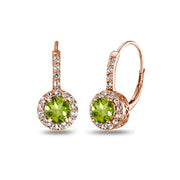 Rose Gold Flashed Sterling Silver Peridot & White Topaz Round Dainty Halo Leverback Earrings