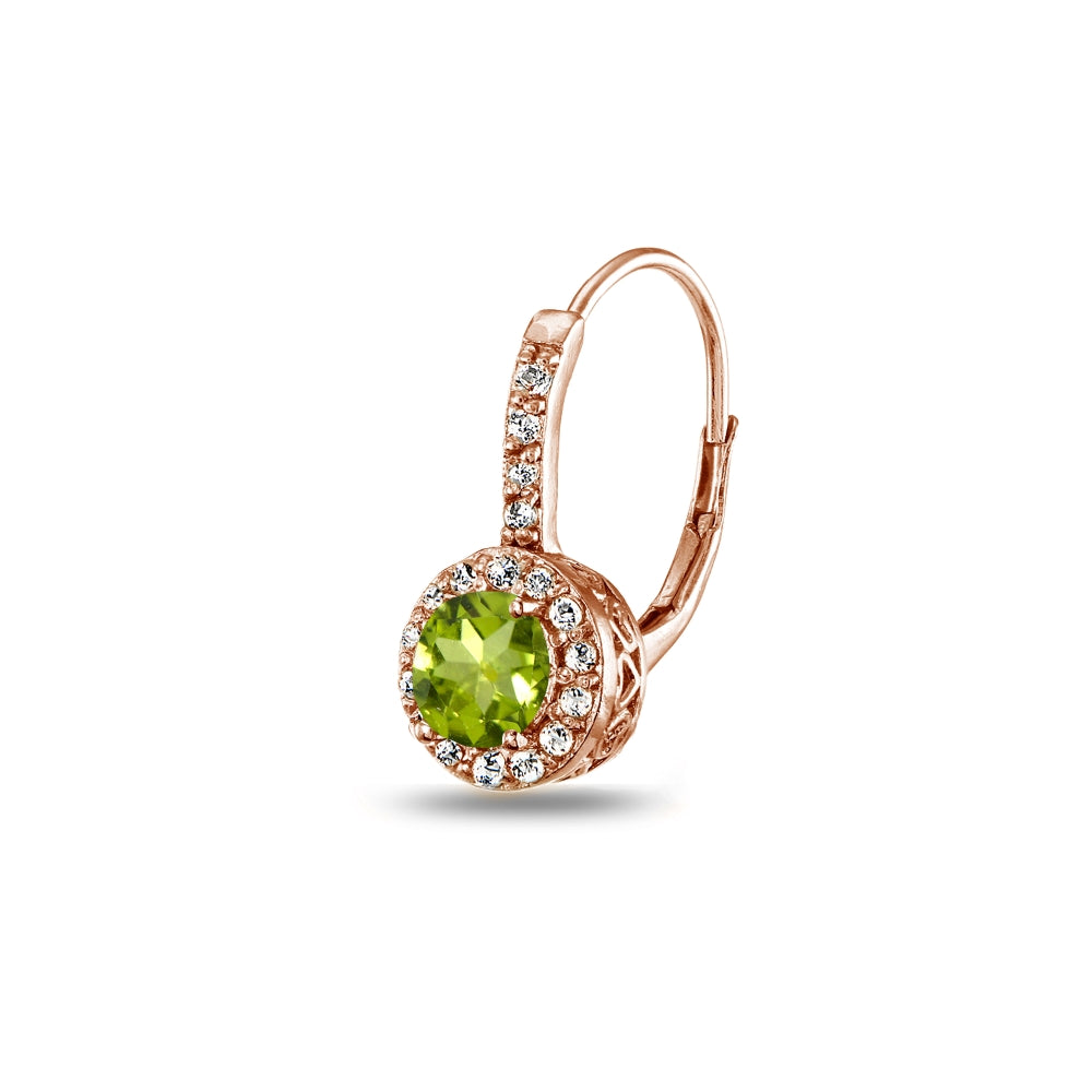 Rose Gold Flashed Sterling Silver Peridot & White Topaz Round Dainty Halo Leverback Earrings-3