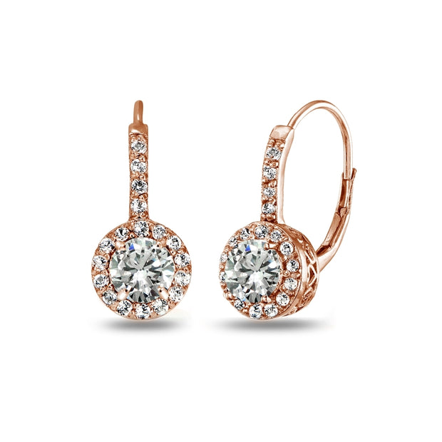Rose Gold Flashed Sterling Silver Cubic Zirconia Round Dainty Halo Leverback Earrings