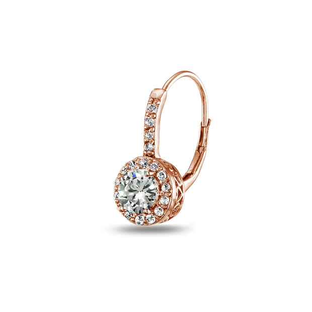 Rose Gold Flashed Sterling Silver Cubic Zirconia Round Dainty Halo Leverback Earrings