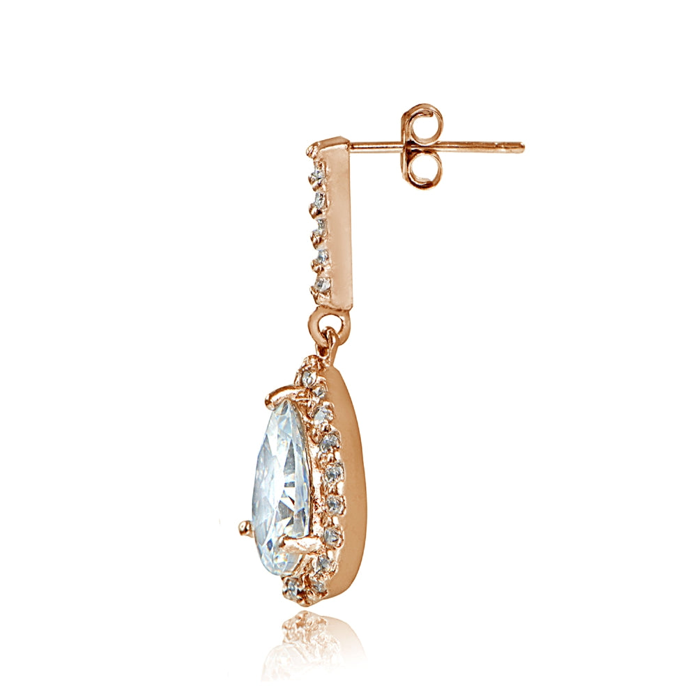Rose Gold Flashed Sterling Silver Cubic Zirconia Teardrop Dangle Earrings-2