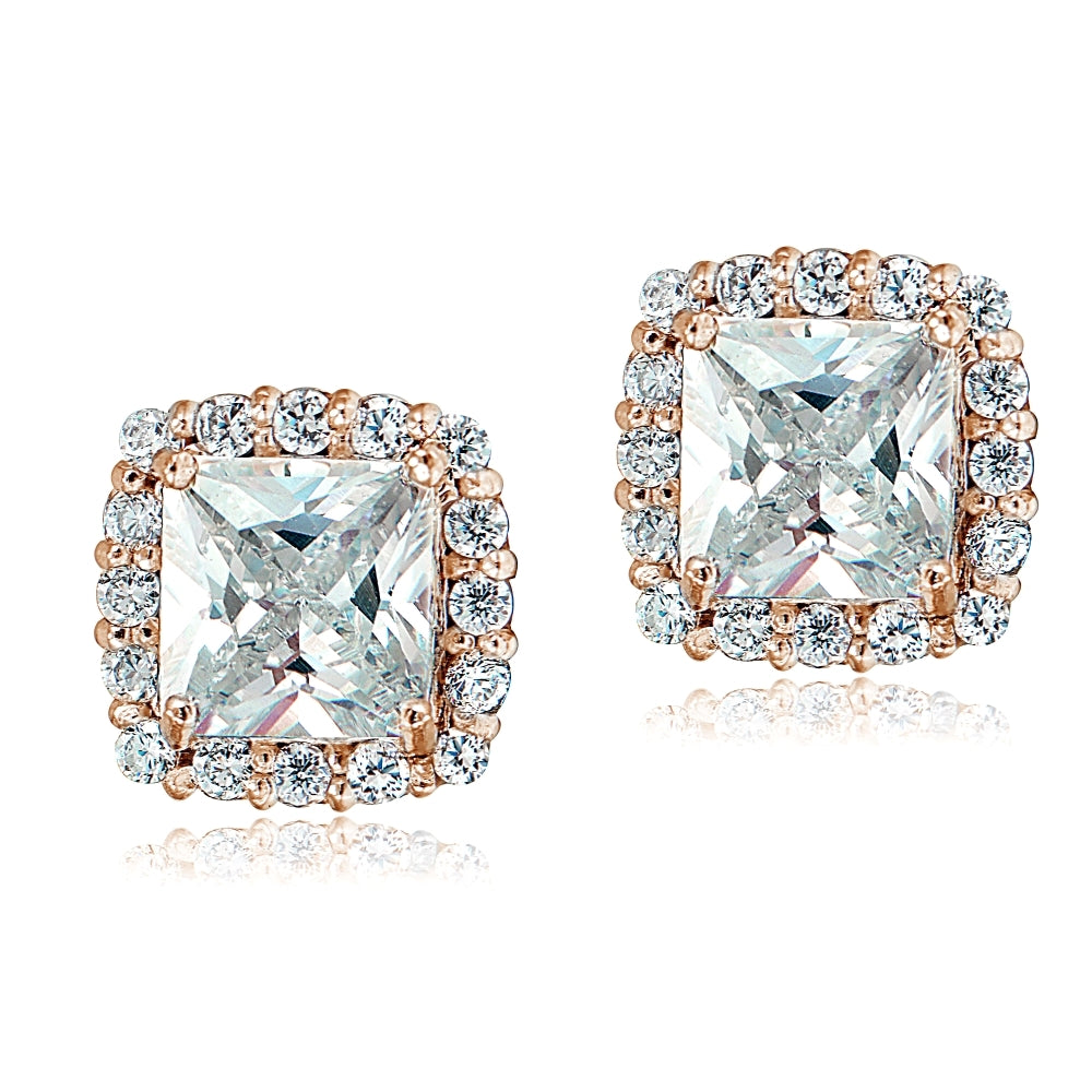 Rose Gold Flashed Sterling Silver Cubic Zirconia Princess-Cut Square Halo Stud Earrings