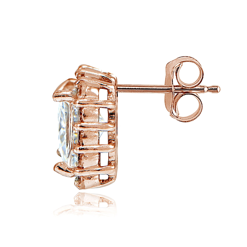Rose Gold Flashed Sterling Silver Cubic Zirconia Princess-Cut Square Halo Stud Earrings-2