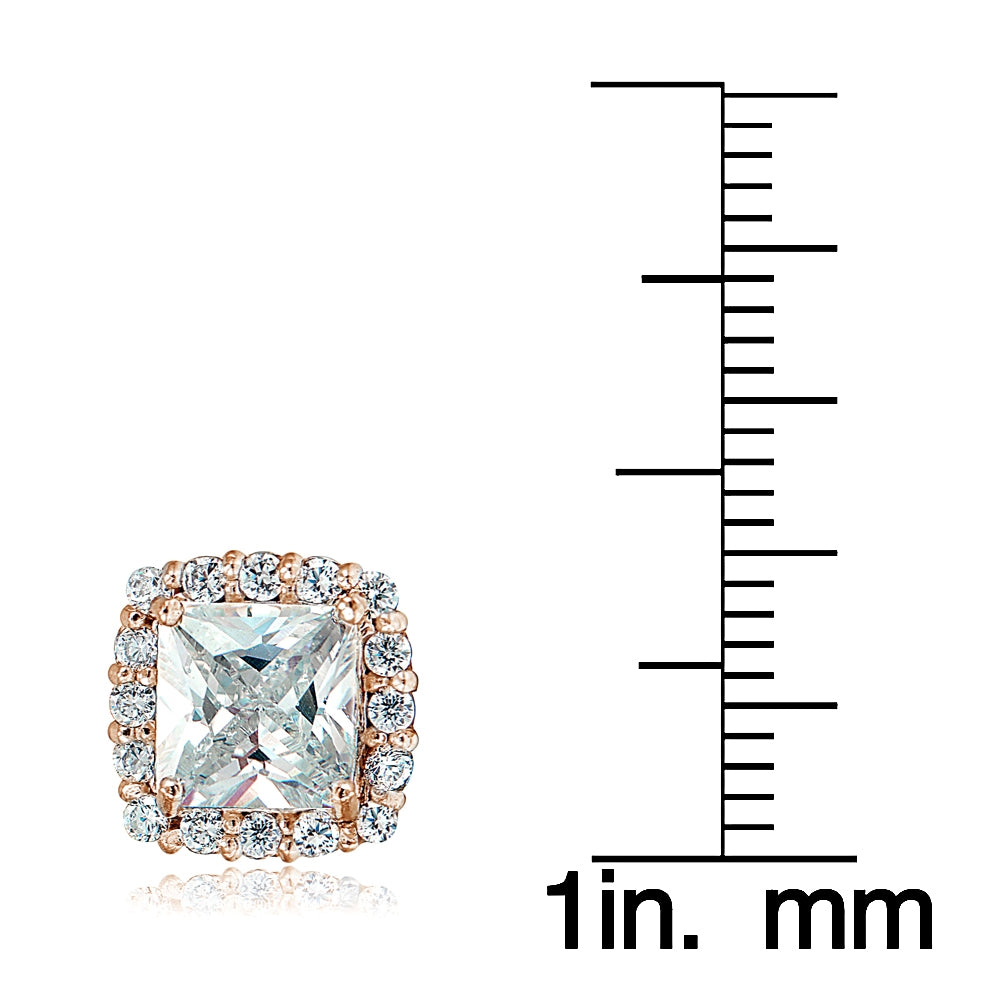 Rose Gold Flashed Sterling Silver Cubic Zirconia Princess-Cut Square Halo Stud Earrings-3
