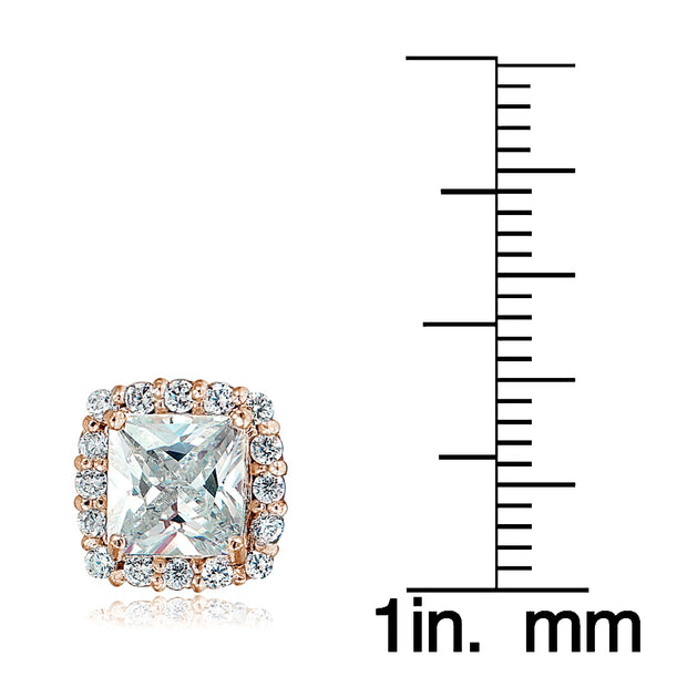 Rose Gold Flashed Sterling Silver Cubic Zirconia Princess-Cut Square Halo Stud Earrings