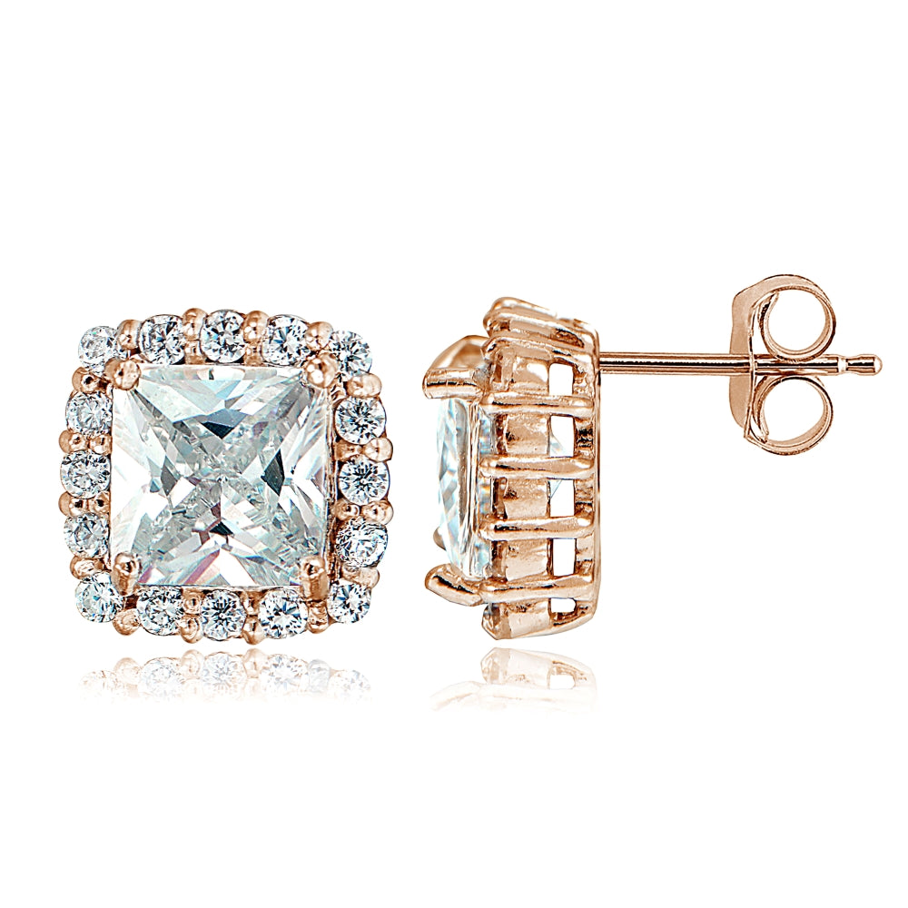 Rose Gold Flashed Sterling Silver Cubic Zirconia Princess-Cut Square Halo Stud Earrings-4
