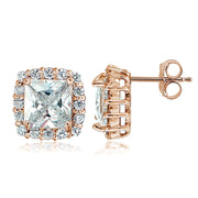 Rose Gold Flashed Sterling Silver Cubic Zirconia Princess-Cut Square Halo Stud Earrings