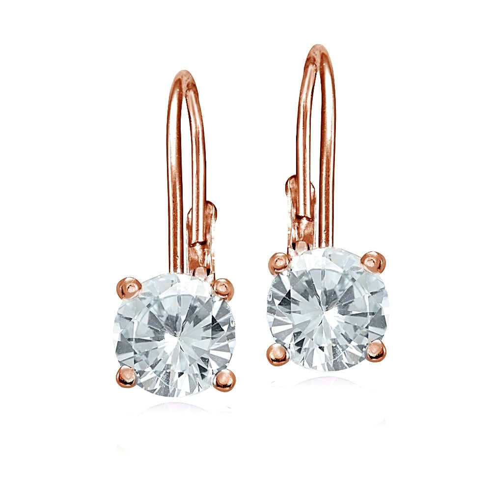 Rose Gold Flashed Sterling Silver Aquamarine 6mm Round Leverback Earrings-2