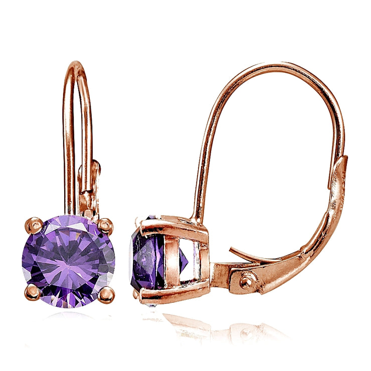 Rose Gold Flashed Sterling Silver Amethyst 6mm Round Leverback Earrings