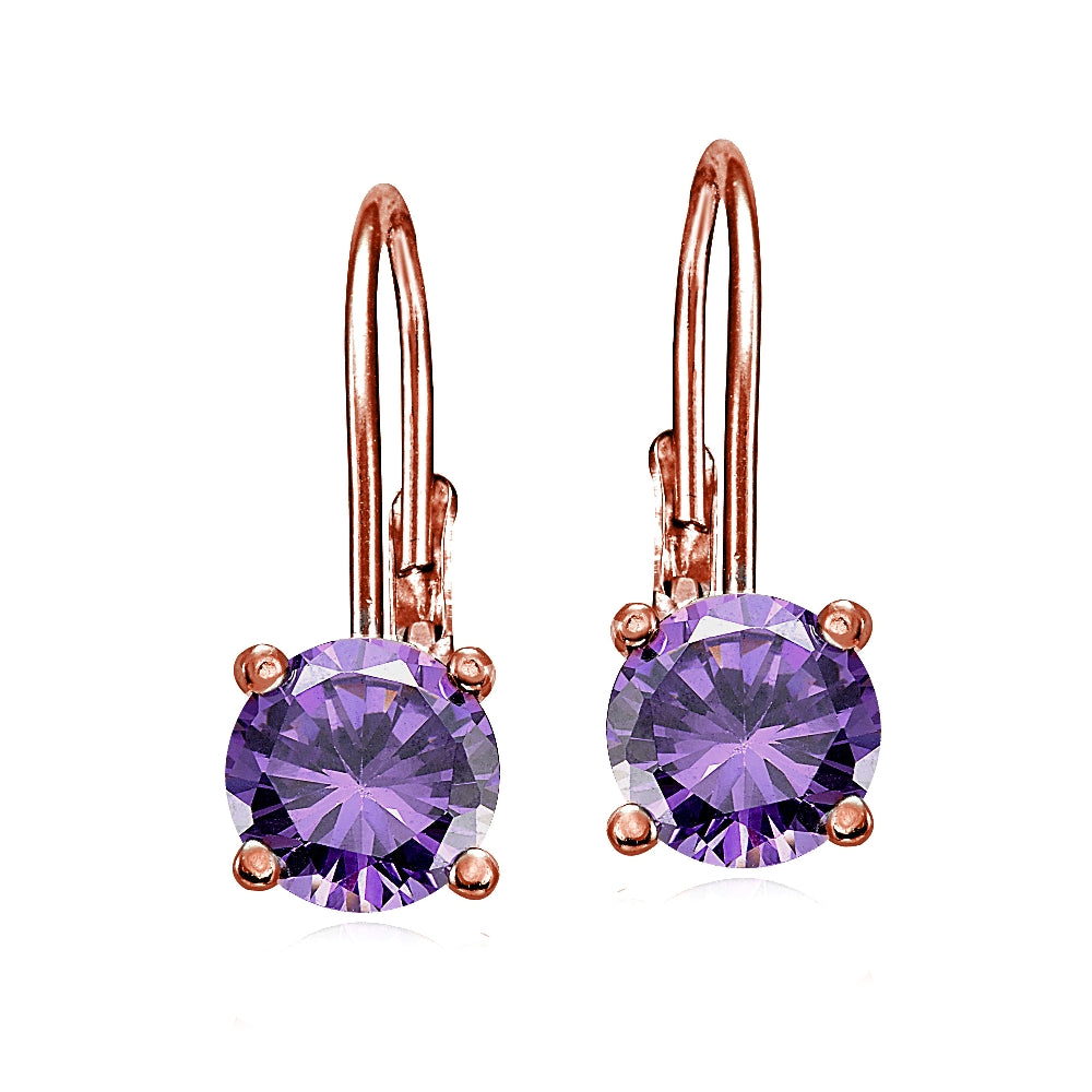 Rose Gold Flashed Sterling Silver Amethyst 6mm Round Leverback Earrings-2
