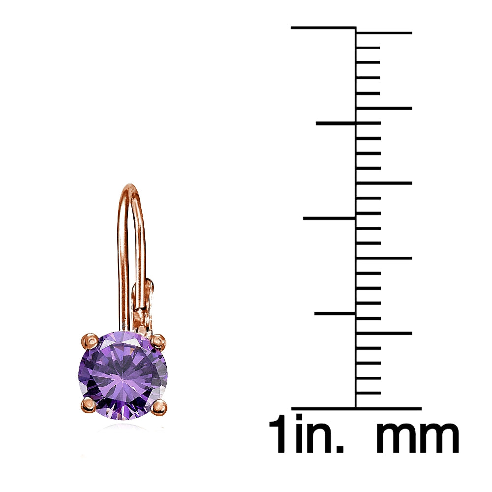 Rose Gold Flashed Sterling Silver Amethyst 6mm Round Leverback Earrings-3