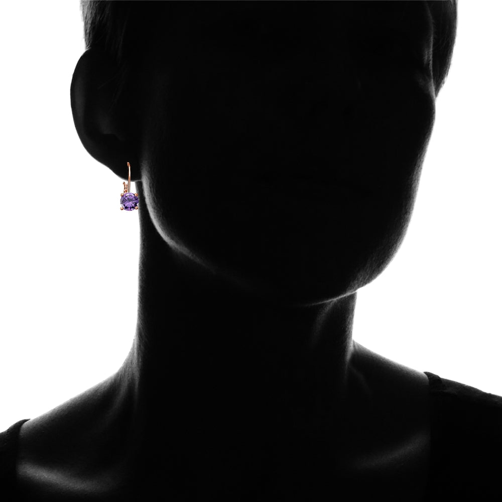 Rose Gold Flashed Sterling Silver Amethyst 6mm Round Leverback Earrings-4