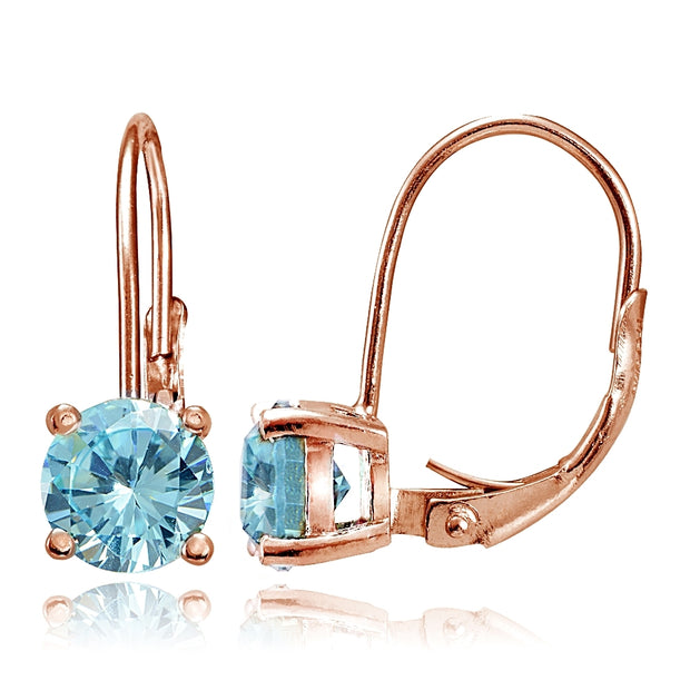 Rose Gold Flashed Sterling Silver Blue Topaz 6mm Round Leverback Earrings
