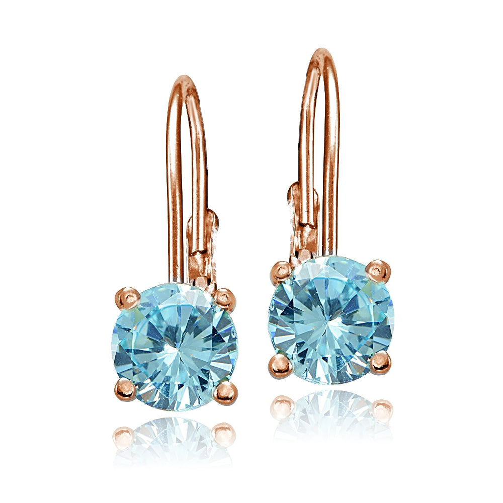 Rose Gold Flashed Sterling Silver Blue Topaz 6mm Round Leverback Earrings-2