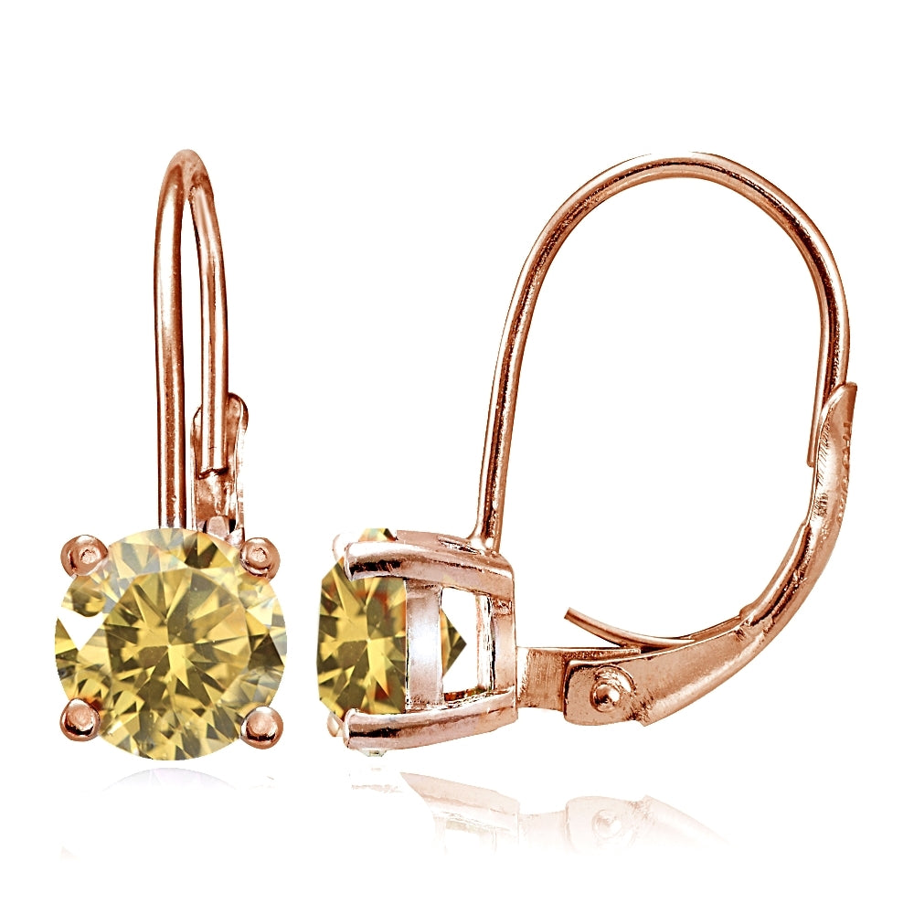 Rose Gold Flashed Sterling Silver Citrine 6mm Round Leverback Earrings