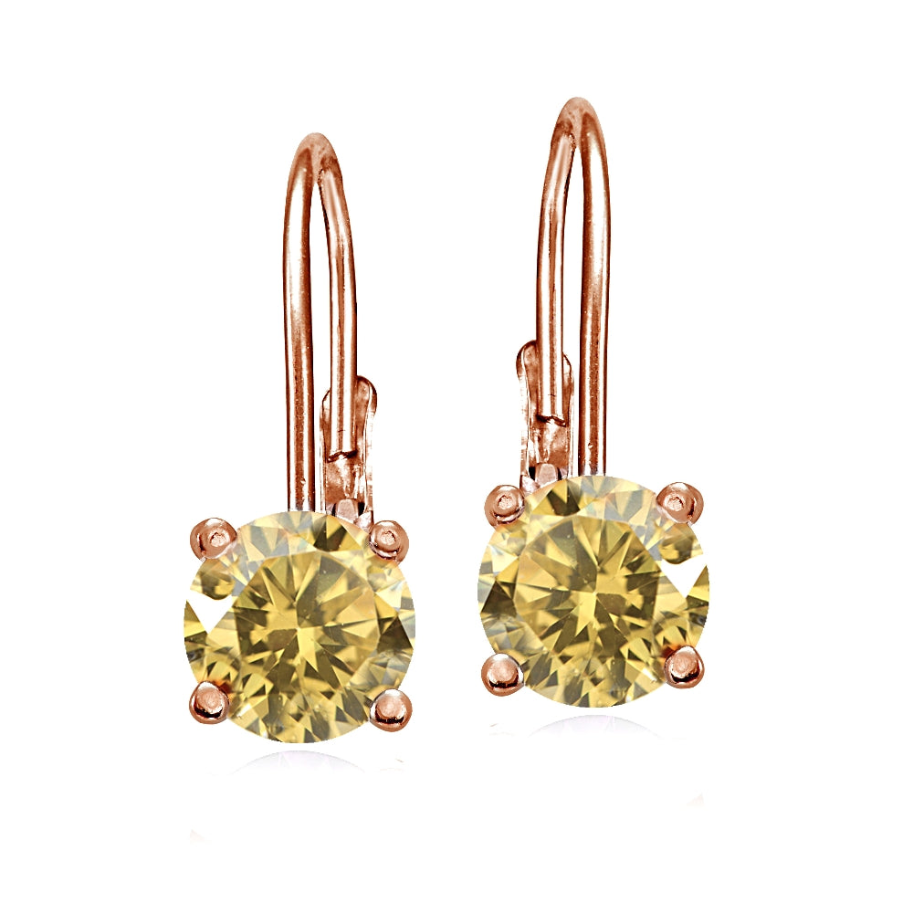 Rose Gold Flashed Sterling Silver Citrine 6mm Round Leverback Earrings-2