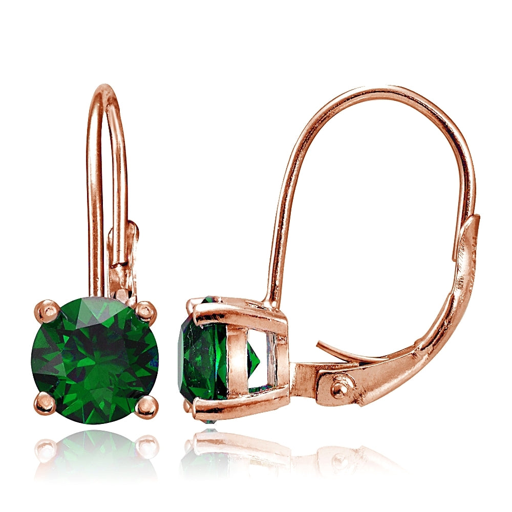 Rose Gold Flashed Sterling Silver Created Emerald Leverback Earrings