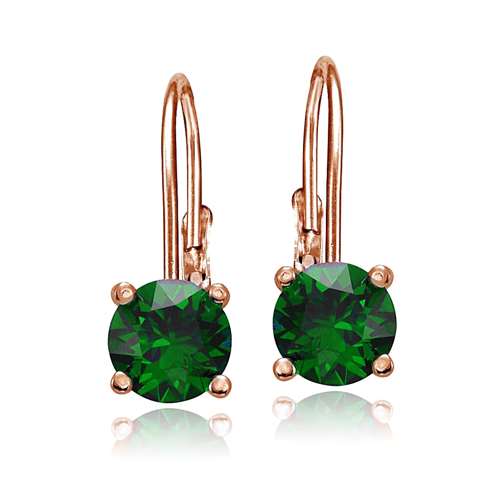 Rose Gold Flashed Sterling Silver Created Emerald Leverback Earrings-2