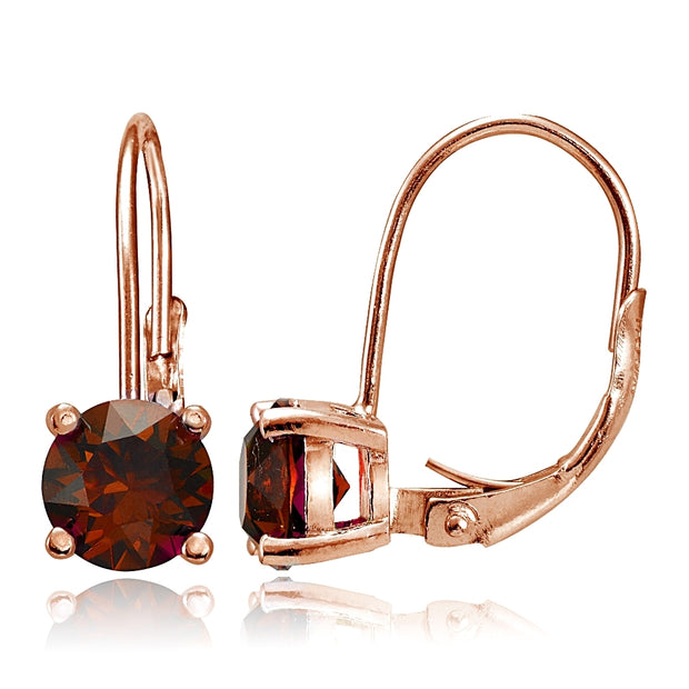 Rose Gold Flashed Sterling Silver Garnet 6mm Round Leverback Earrings