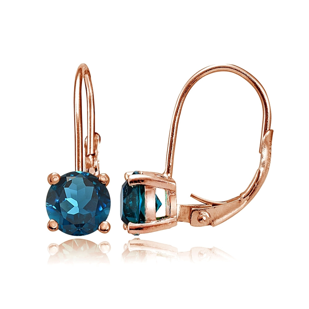 Rose Gold Flashed Sterling Silver London Blue Topaz 6mm Round Leverback Earrings